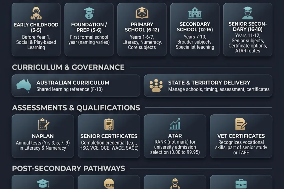 Australian education system year levels and pathways diagram showing primary, secondary, vocational, and university options for students.
