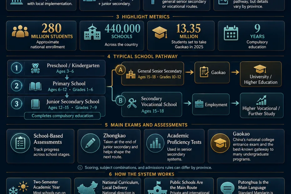 An infographic illustrating the China education system, including Gaokao exams, school structure, and key statistics related to education in China.