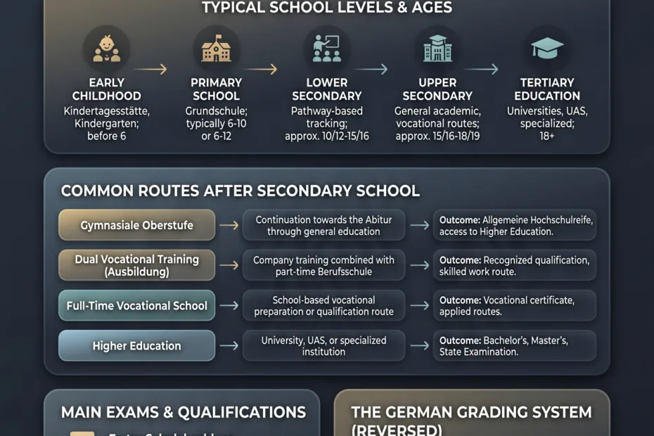 Germany education system infographic showing school types, grading levels, Abitur exam, and qualifications for different educational paths.