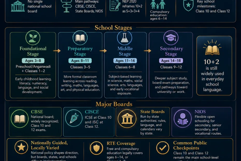 India education system infographic illustrating boards, NEP, grades, and school structure for comprehensive understanding.