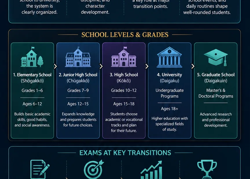 A detailed infographic illustrating the Japan education system, including school levels, grade progression, exams, and student life aspects.