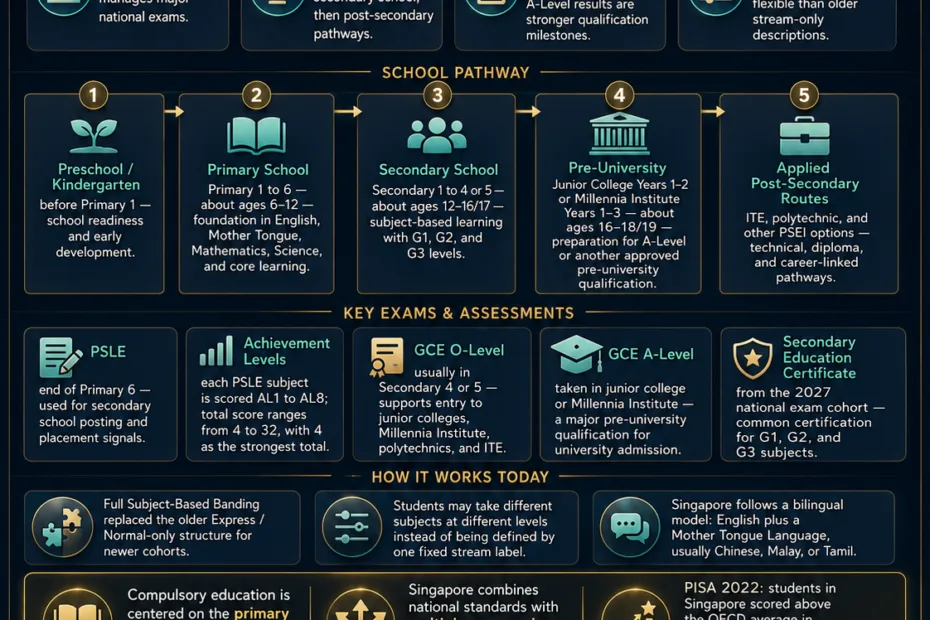 Singapore education system with details of PSLE, school levels, national exams, and progression pathways for students.