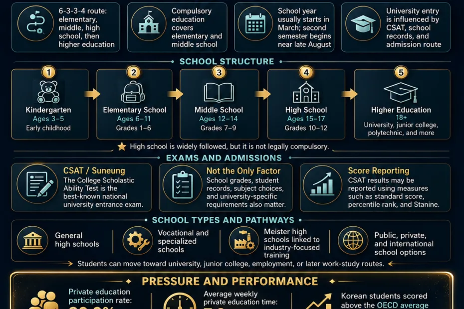 South Korea education system infographic showing CSAT exams, school levels, academic pressure, and key education policies