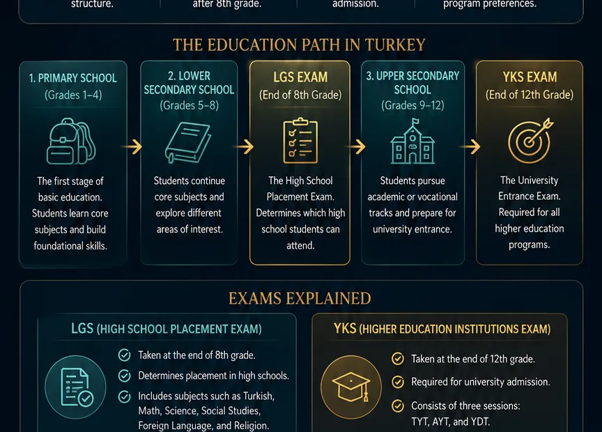 A comprehensive chart illustrating the Turkey education system, including key exams like LGS and YKS, school levels, grading, and university entrance procedures.