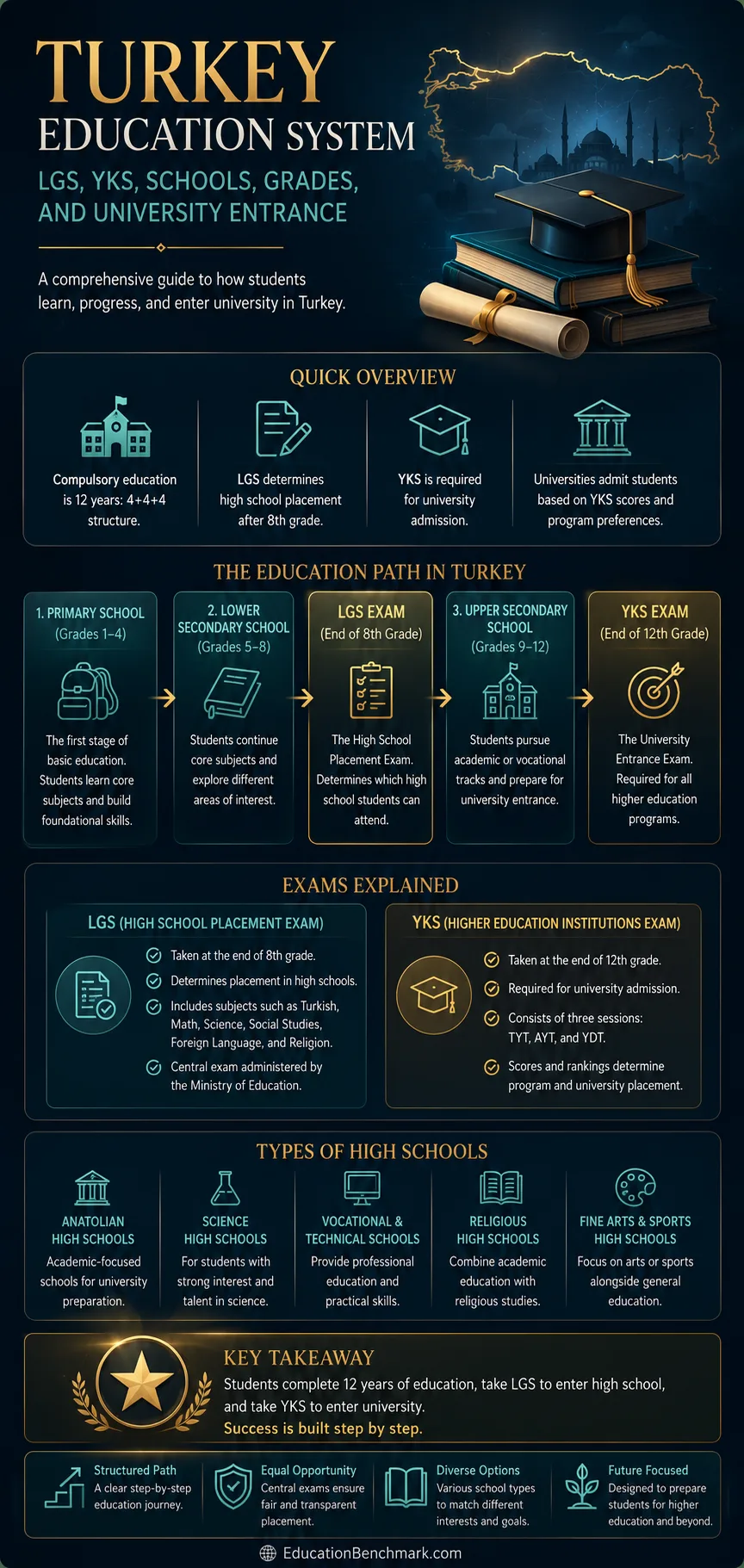 A comprehensive chart illustrating the Turkey education system, including key exams like LGS and YKS, school levels, grading, and university entrance procedures.