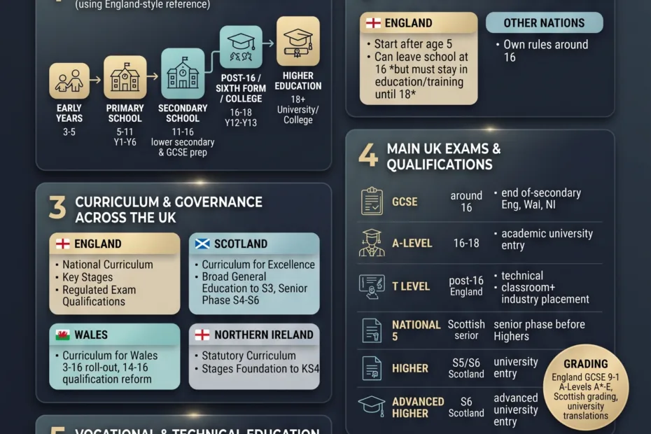 A detailed infographic explaining the key stages, GCSEs, A-Levels, and how the UK education system works for students and parents.