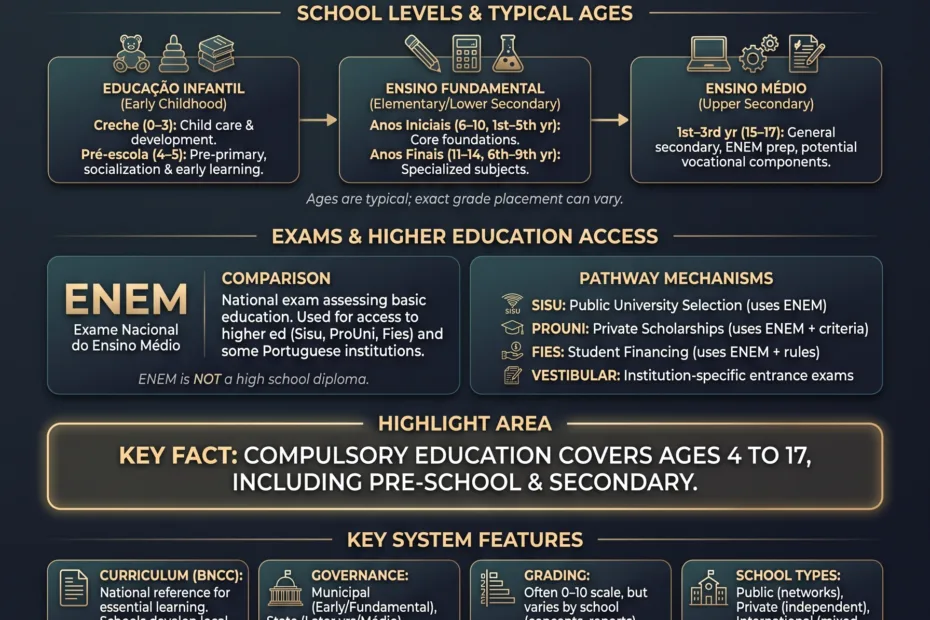 Brazil education system features ENEM exams, diverse schools, grading levels, and university pathways offering students multiple academic options.
