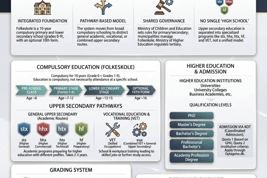 Denmark education system overview with details on Folkeskole, Gymnasium, grades, and how it functions in Denmark education system.