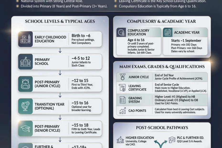 Ireland education system infographic showing Leaving Cert details, school levels, grades, and qualifications for students and parents.