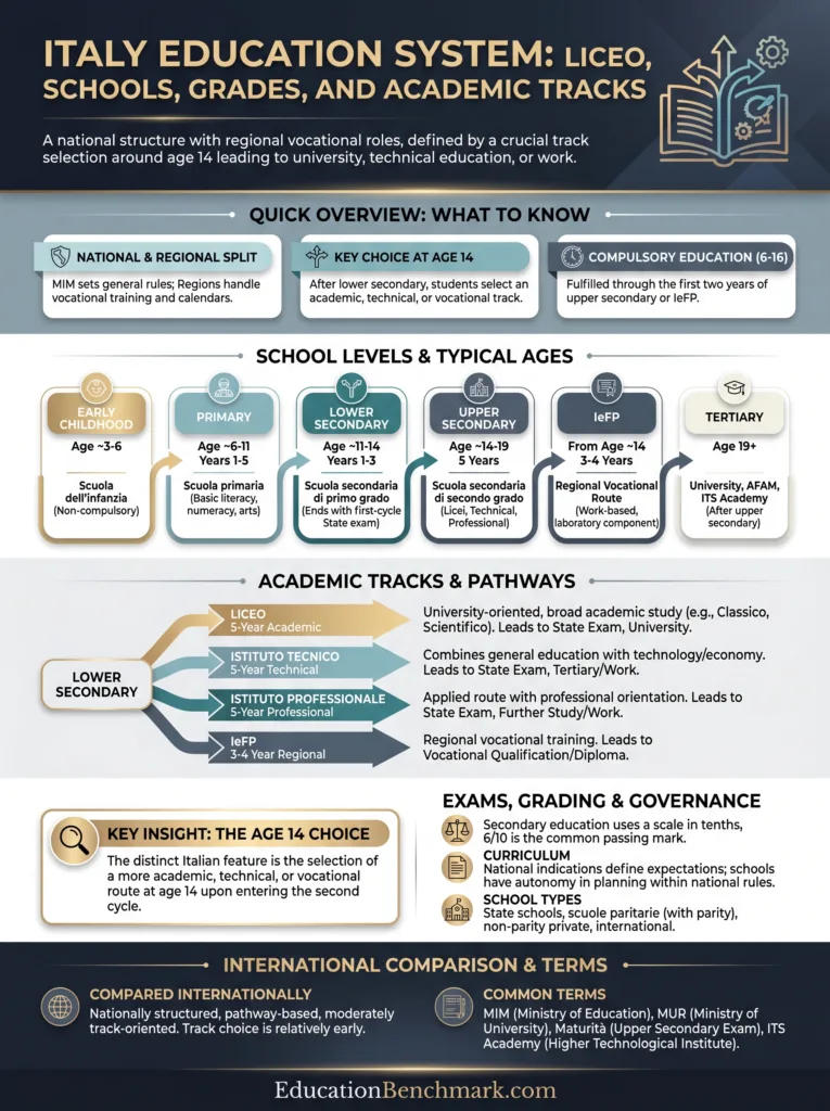Italy education system infographic outlining liceo, schools, grades, and academic tracks for students.