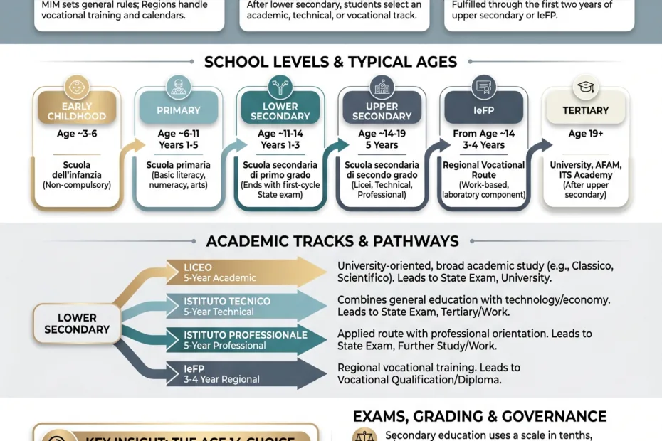 Italy education system infographic outlining liceo, schools, grades, and academic tracks for students.