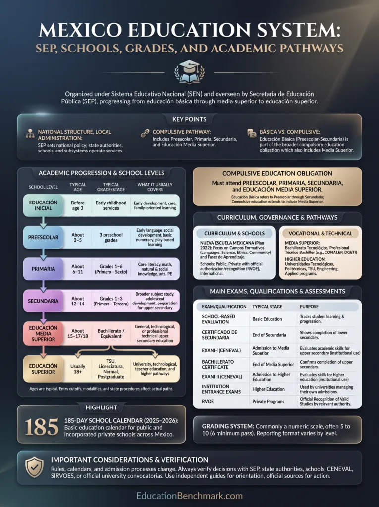An overview of the Mexico education system showing school levels, grades, and academic pathways within the Mexican education framework.
