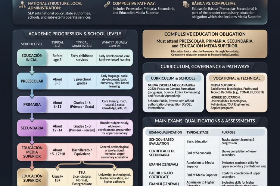 An overview of the Mexico education system showing school levels, grades, and academic pathways within the Mexican education framework.