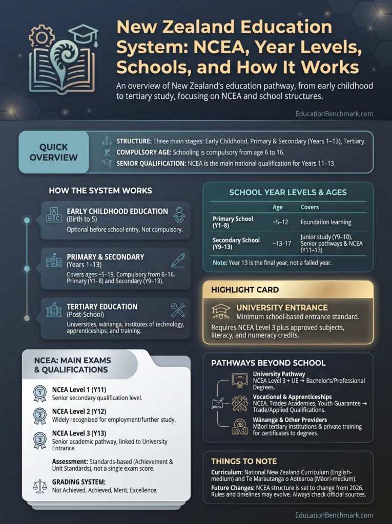 New Zealand education system infographic explaining NCEA, year levels, types of schools, and how the system functions for students and parents.