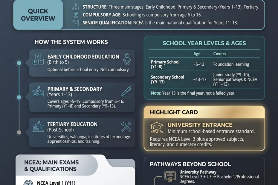 New Zealand education system infographic explaining NCEA, year levels, types of schools, and how the system functions for students and parents.