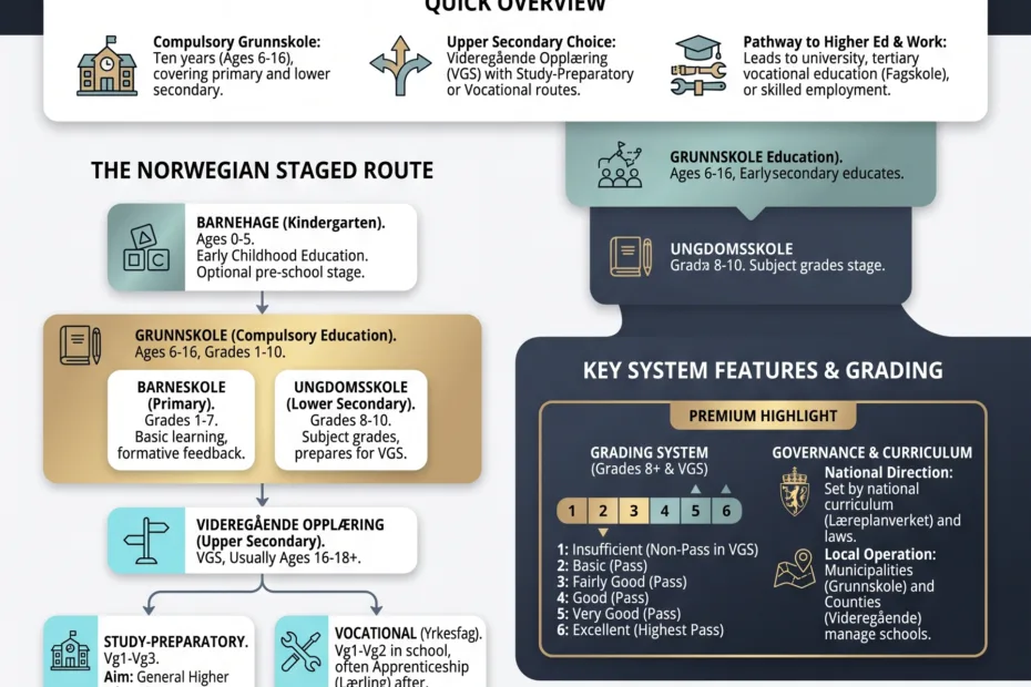 Norway education system infographic explaining grunnskole, videregående, grades, and learning pathways for students.