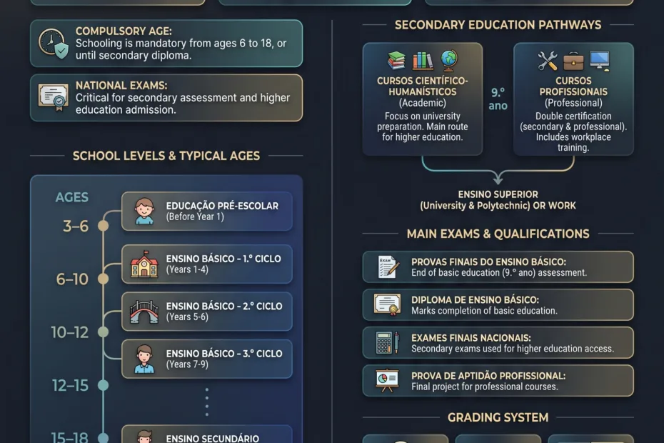 Portugal education system overview showing basic, secondary levels, exams, and pathways for students.