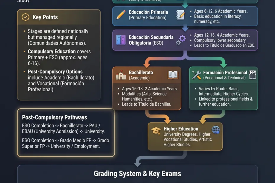 Spain education system infographic illustrating key stages like ESO and Bachillerato that form the foundation of the country's school curriculum.
