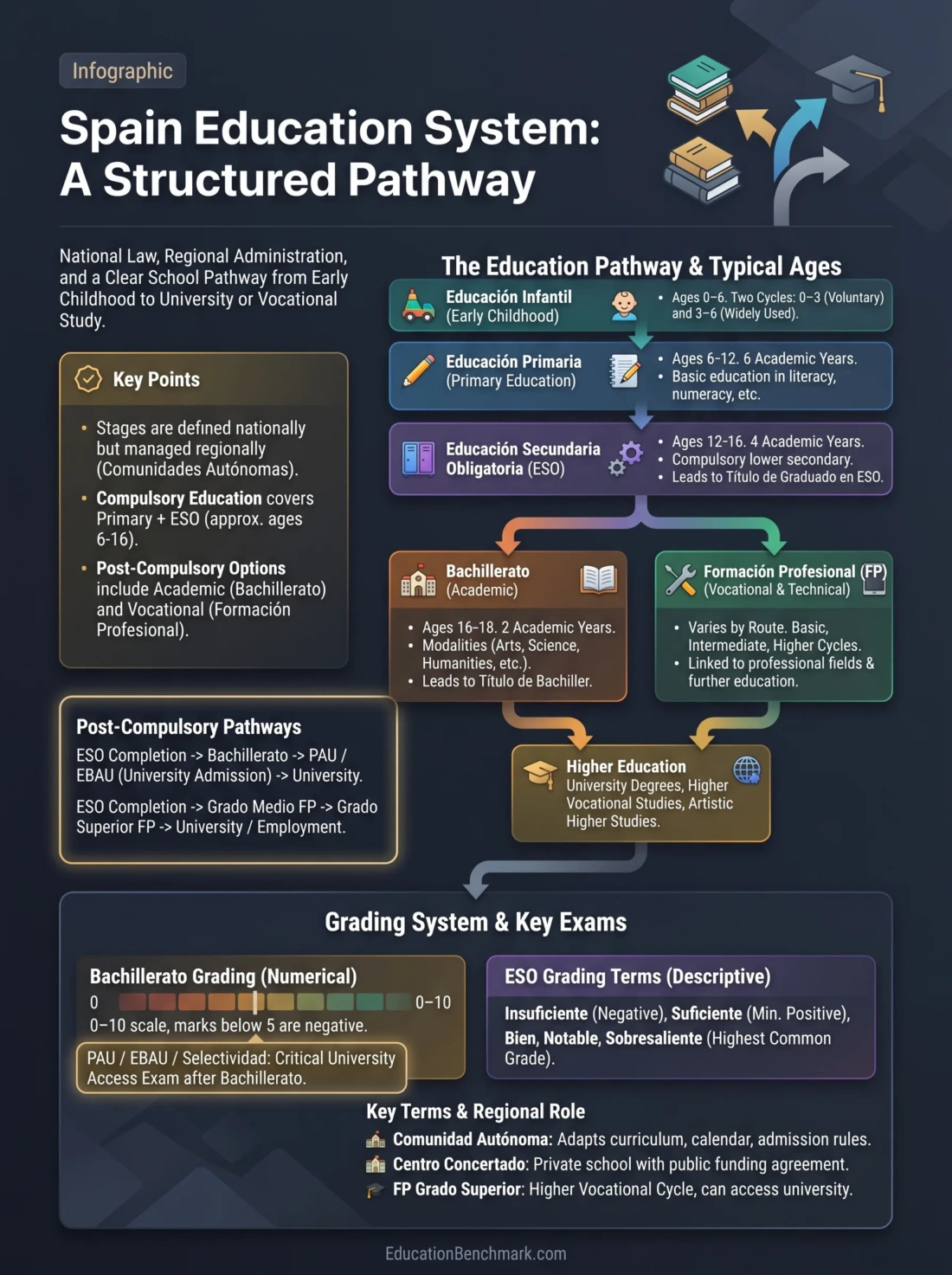 Spain education system infographic illustrating key stages like ESO and Bachillerato that form the foundation of the country's school curriculum.