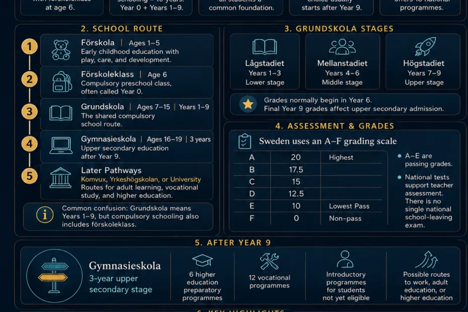 Sweden education system infographic showcasing Grundskola, Gymnasieskola, student grades, and support services within the Swedish education system.